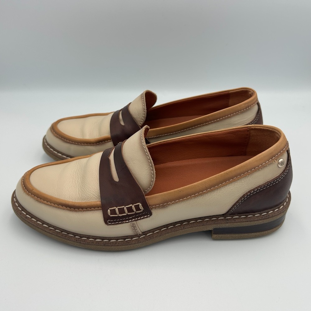 PIKOLINOS Cream and Brown Leather Penny Loafers